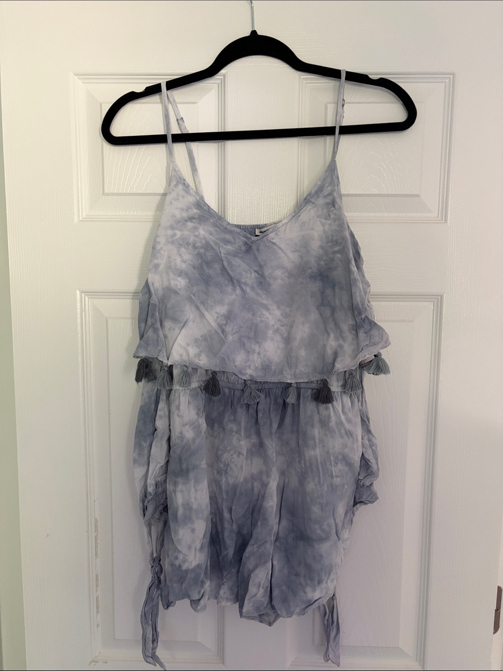 American Eagle Outfitters Grey Blue Tie-Dye Tassel Cami Romper